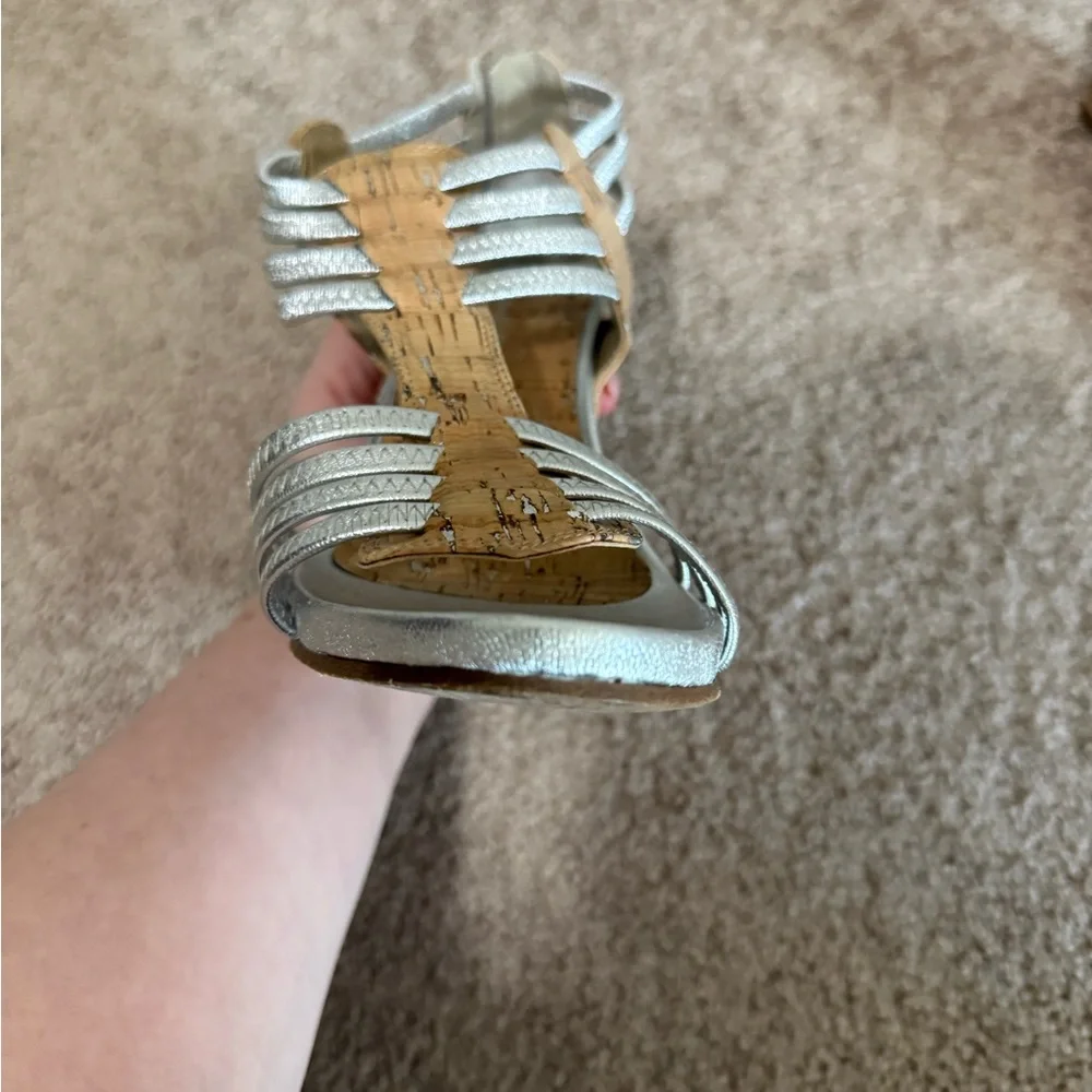 Donald J Pliner Silver Strappy Cork Wedge Sandals 8.5M